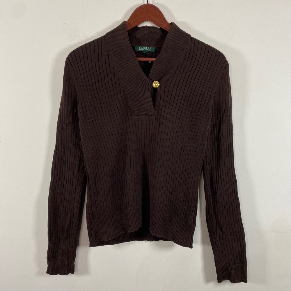 Lauren Ralph Lauren Chocolate Brown Ribbed Sweater Shawl Collar Gold Button Med - Picture 2 of 6